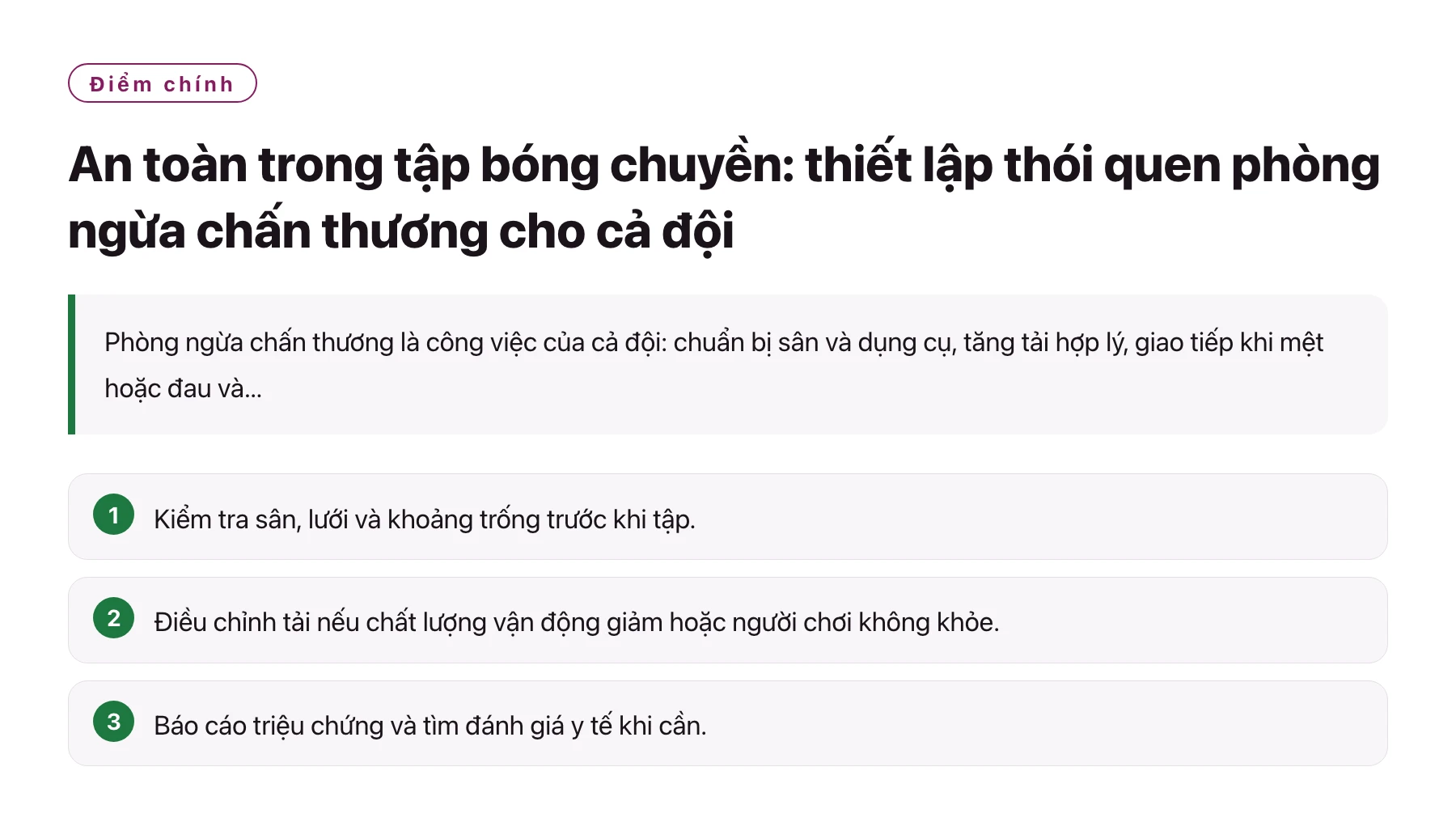 An toàn trong tập bóng chuyền: thiết lập thói quen phòng ngừa chấn thương cho cả đội——全文要点速览